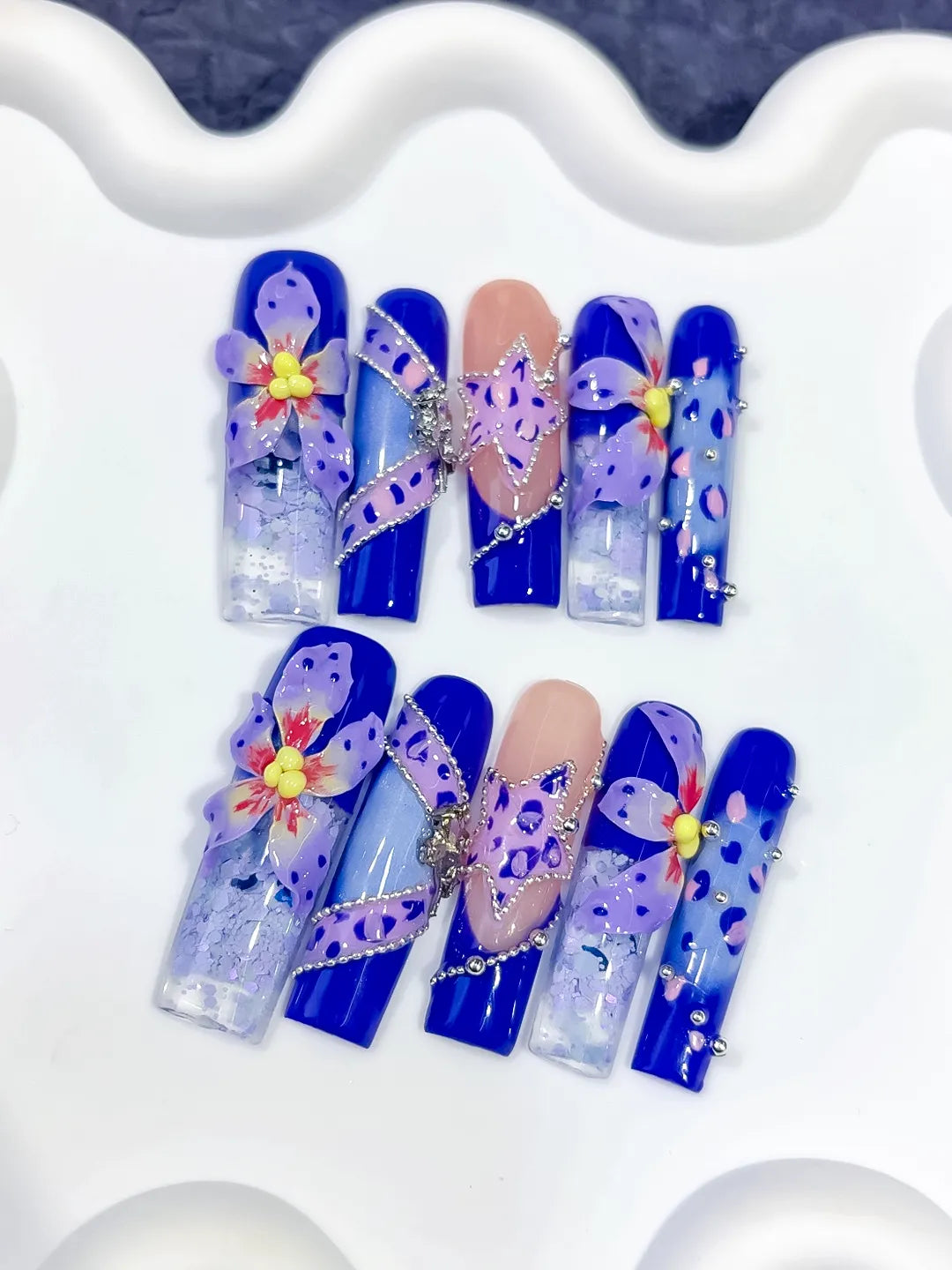 O003 - Long Blue Nude Square Abstract Flower Glitter