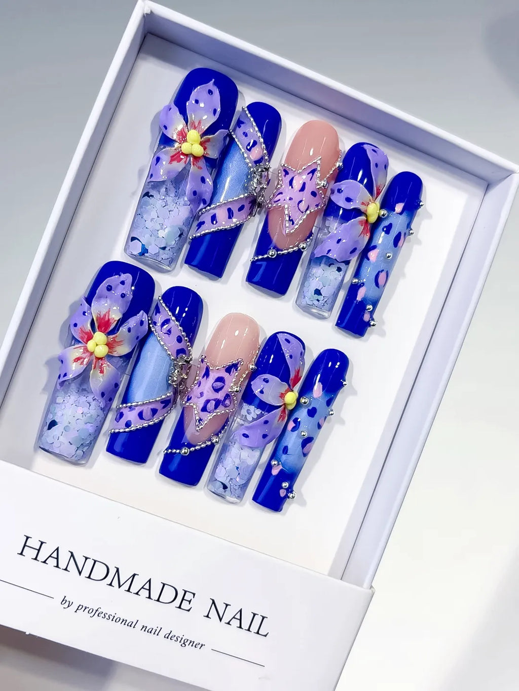 O003 - Long Blue Nude Square Abstract Flower Glitter