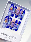 O003 - Long Blue Nude Square Abstract Flower Glitter