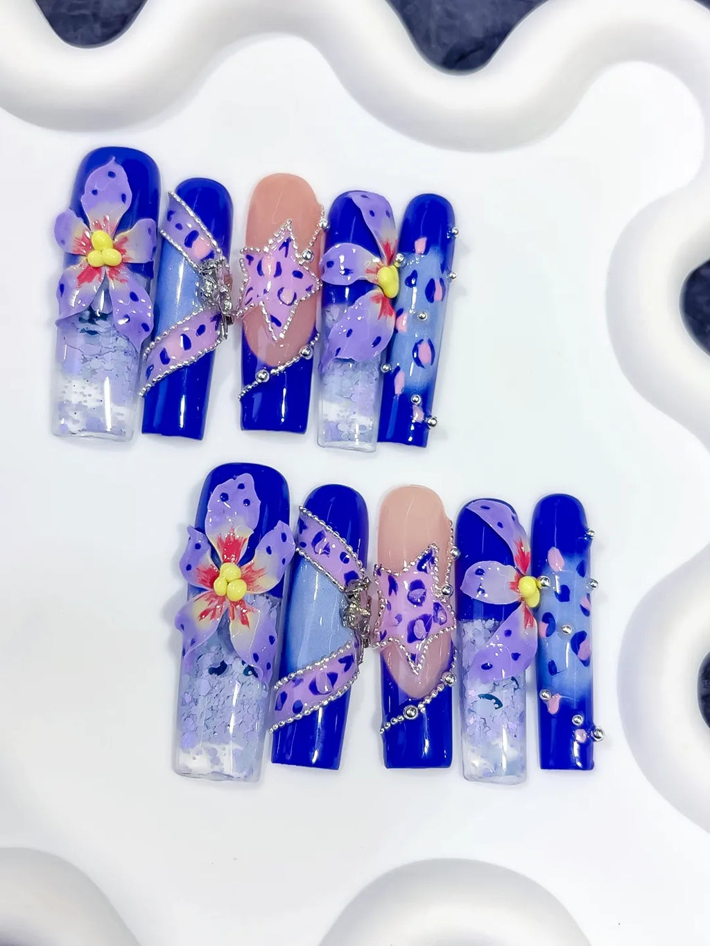 O003 - Long Blue Nude Square Abstract Flower Glitter