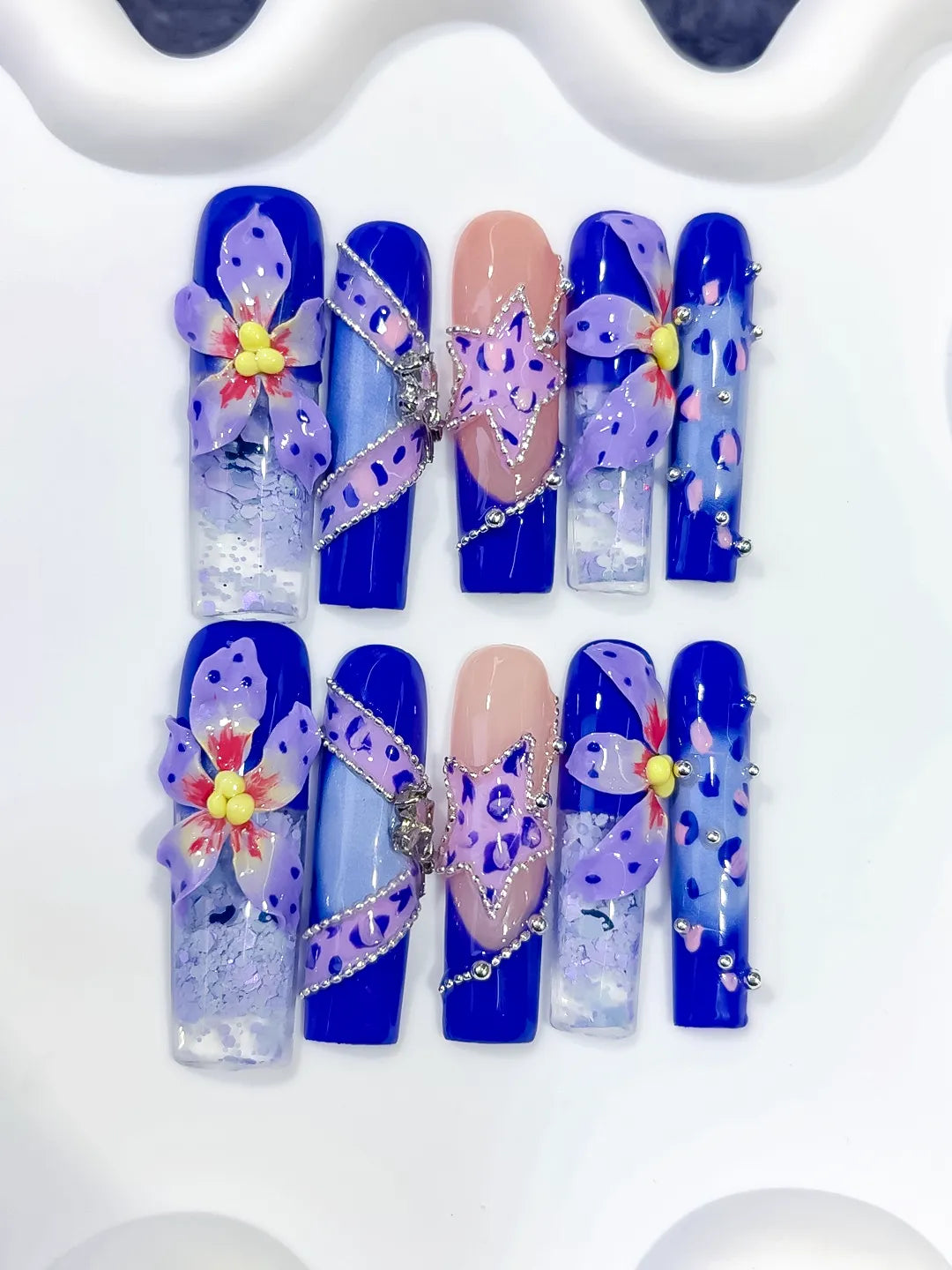 O003 - Long Blue Nude Square Abstract Flower Glitter