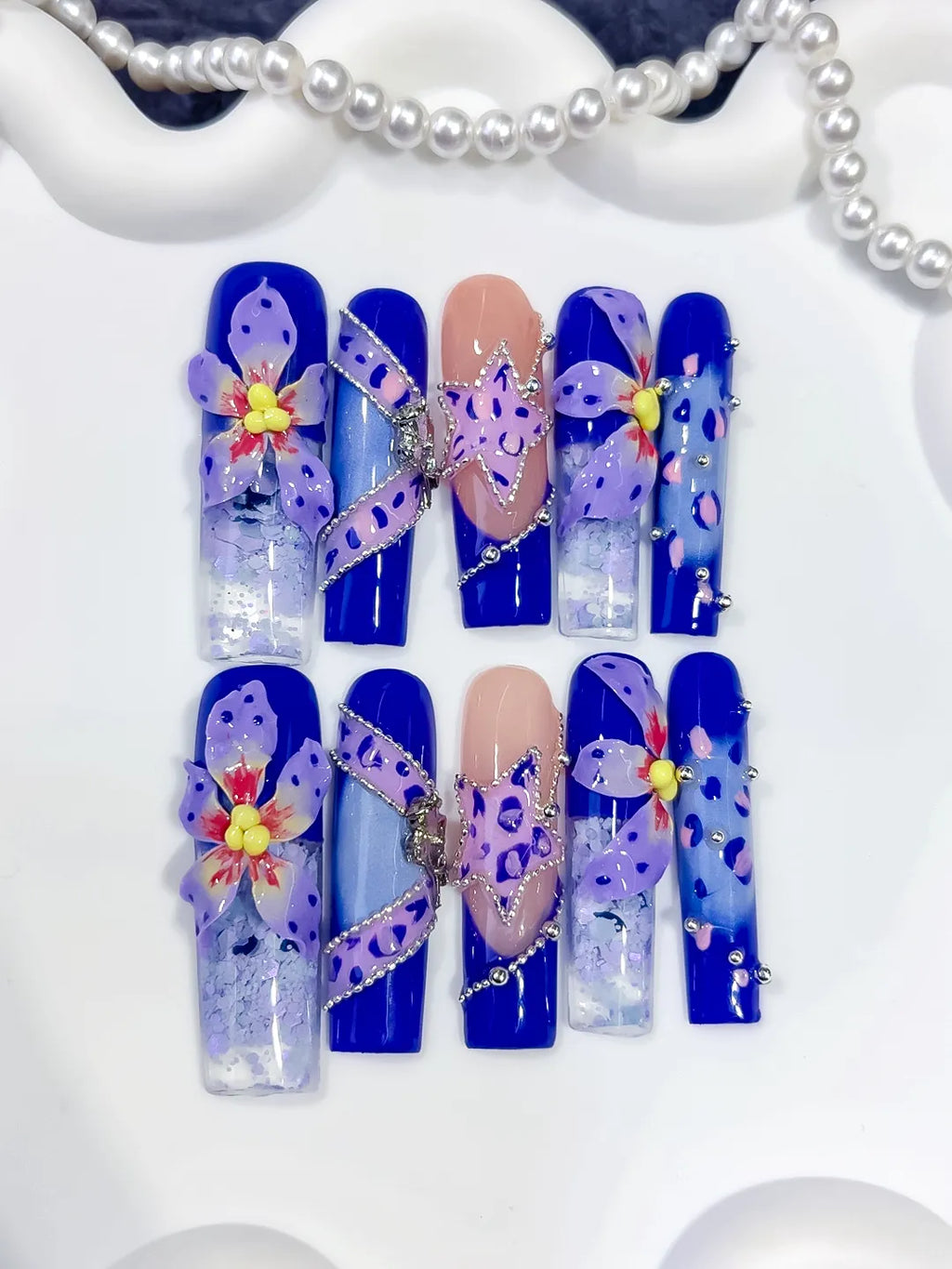 O003 - Long Blue Nude Square Abstract Flower Glitter