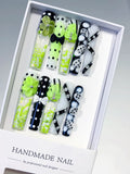 O004 - Long Green Black Square Abstract Flower Bow