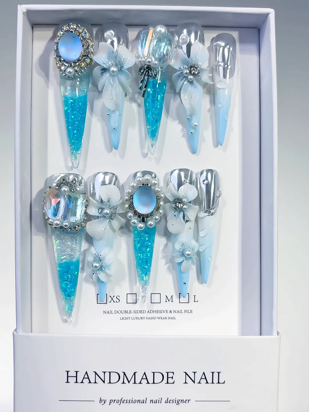 O005 - Long Blue White Stiletto Glitter Flower Pearl