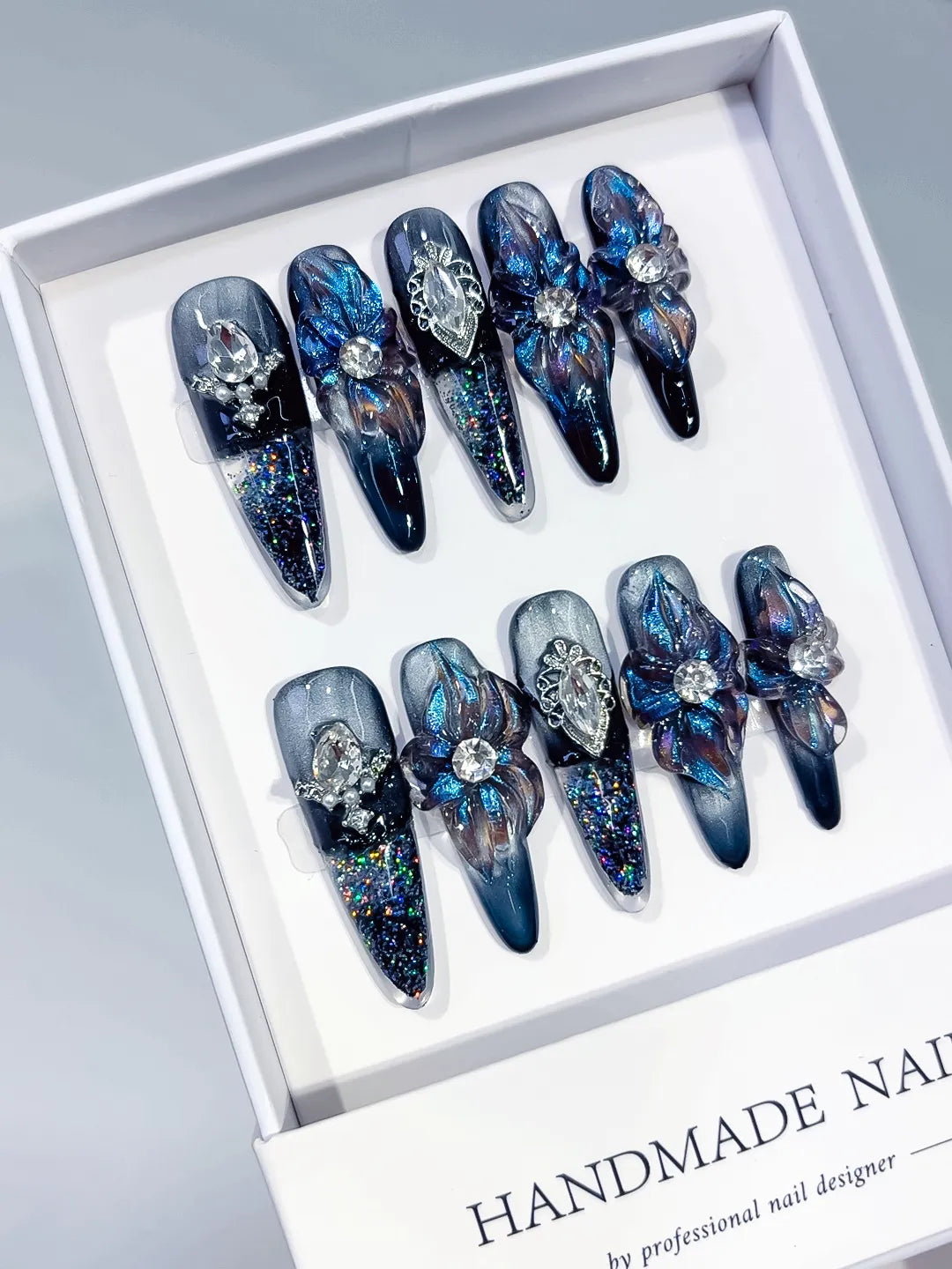 O006 - Long Black Blue Almond Glitter Flower Heart