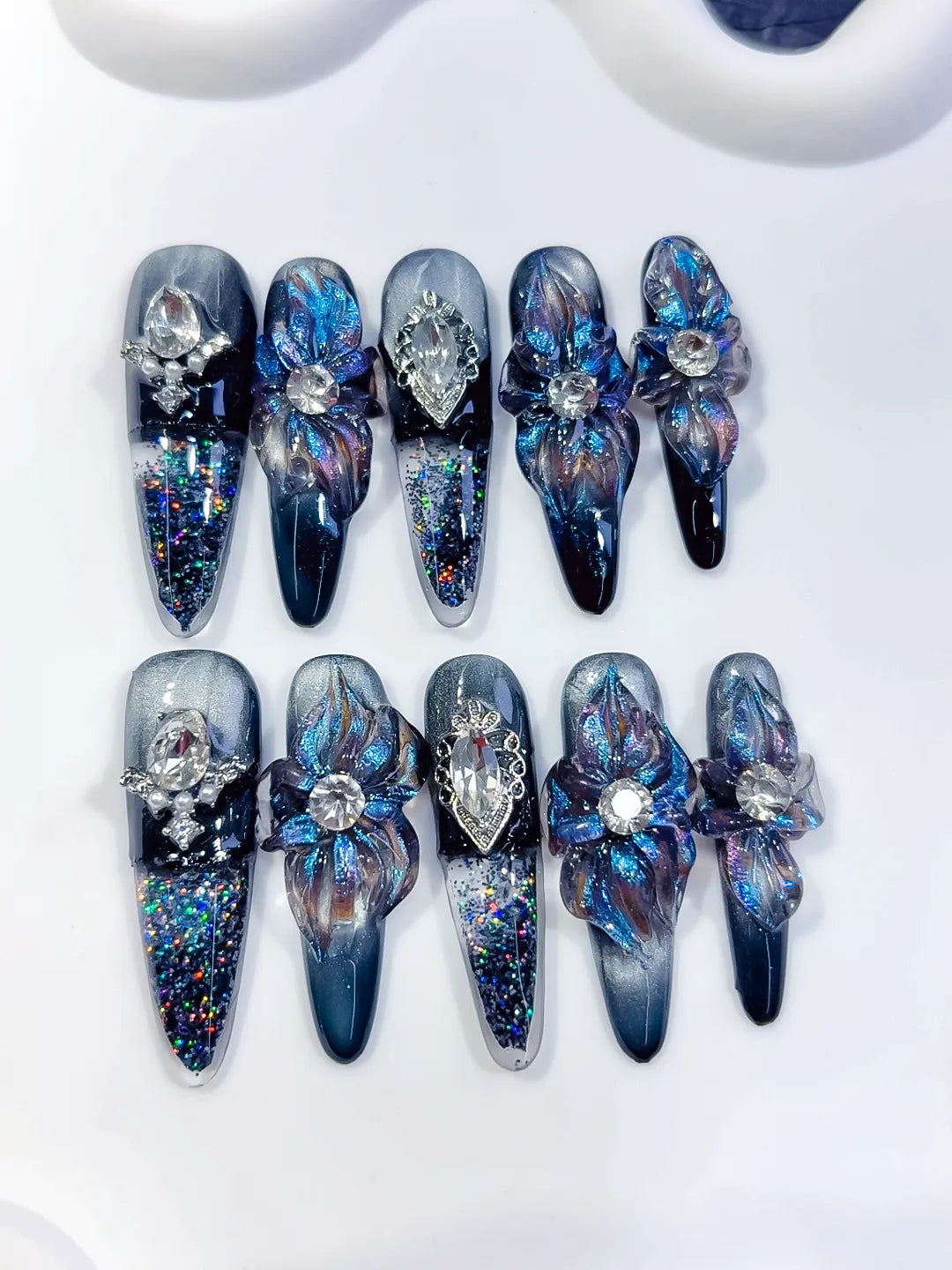 O006 - Long Black Blue Almond Glitter Flower Heart