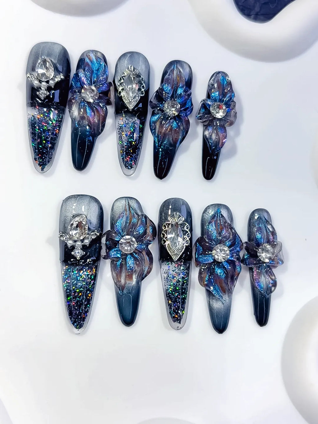 O006 - Long Black Blue Almond Glitter Flower Heart