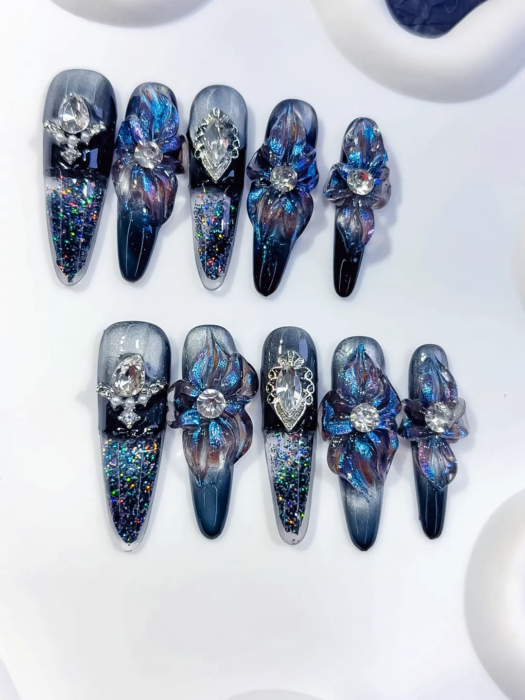 O006 - Long Black Blue Almond Glitter Flower Heart