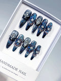 O006 - Long Black Blue Almond Glitter Flower Heart