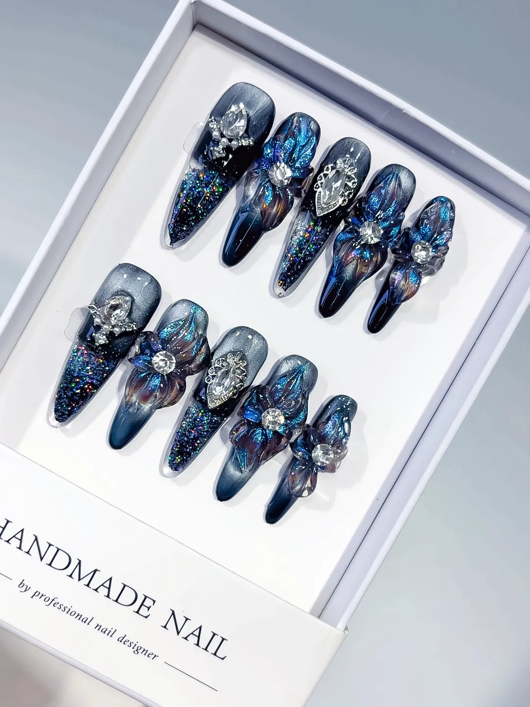 O006 - Long Black Blue Almond Glitter Flower Heart