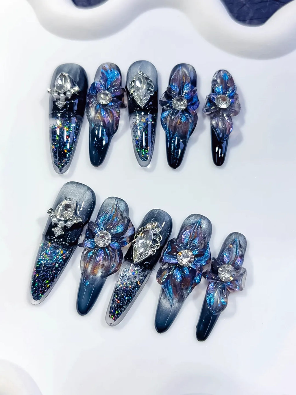 O006 - Long Black Blue Almond Glitter Flower Heart