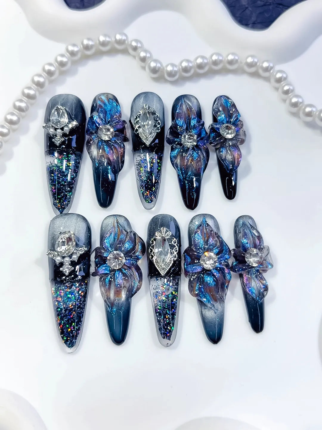 O006 - Long Black Blue Almond Glitter Flower Heart
