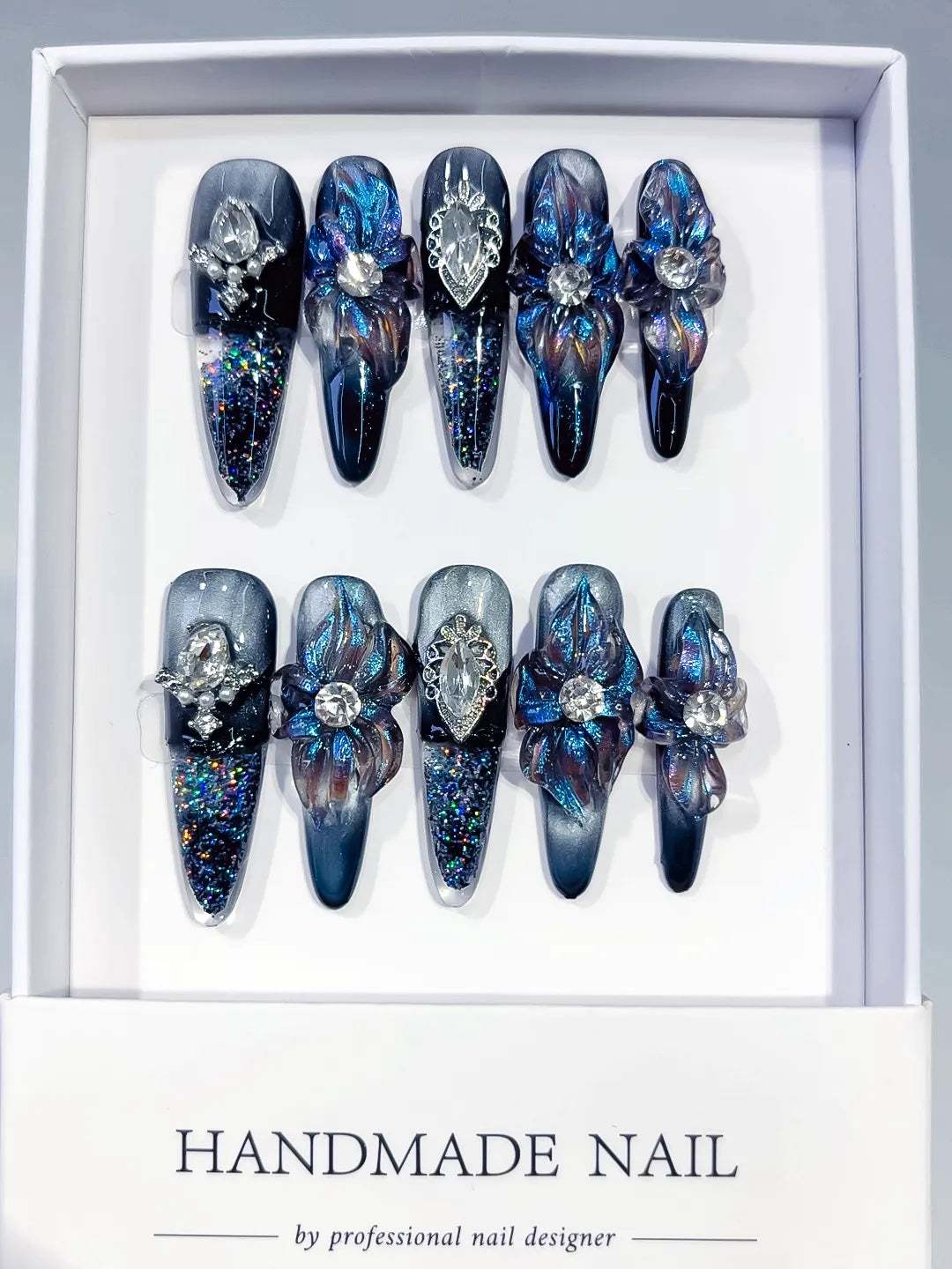 O006 - Long Black Blue Almond Glitter Flower Heart