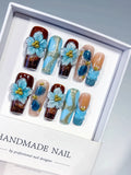 O007 - Long Brown Blue Square Abstract Flower Glitter