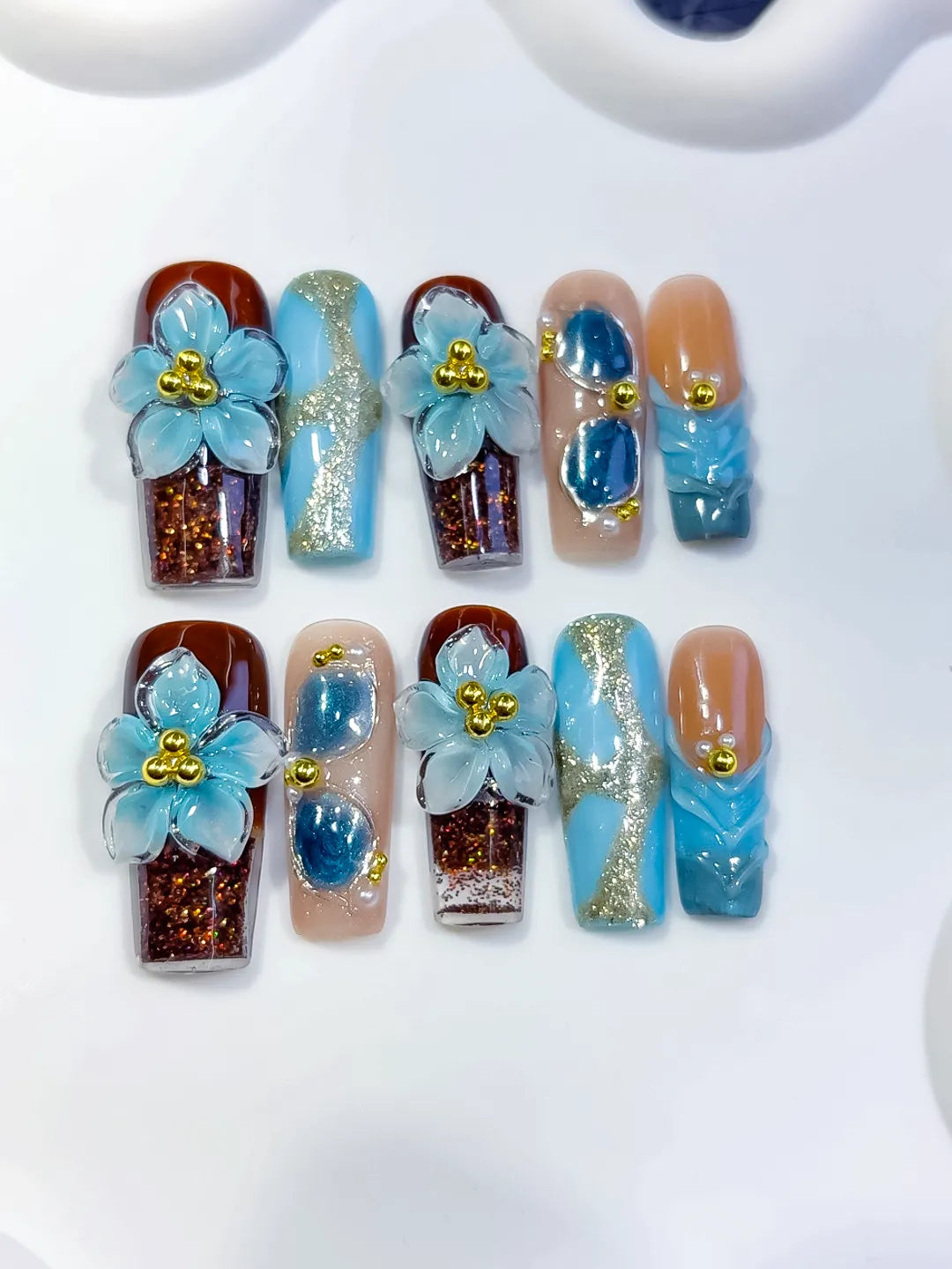 O007 - Long Brown Blue Square Abstract Flower Glitter