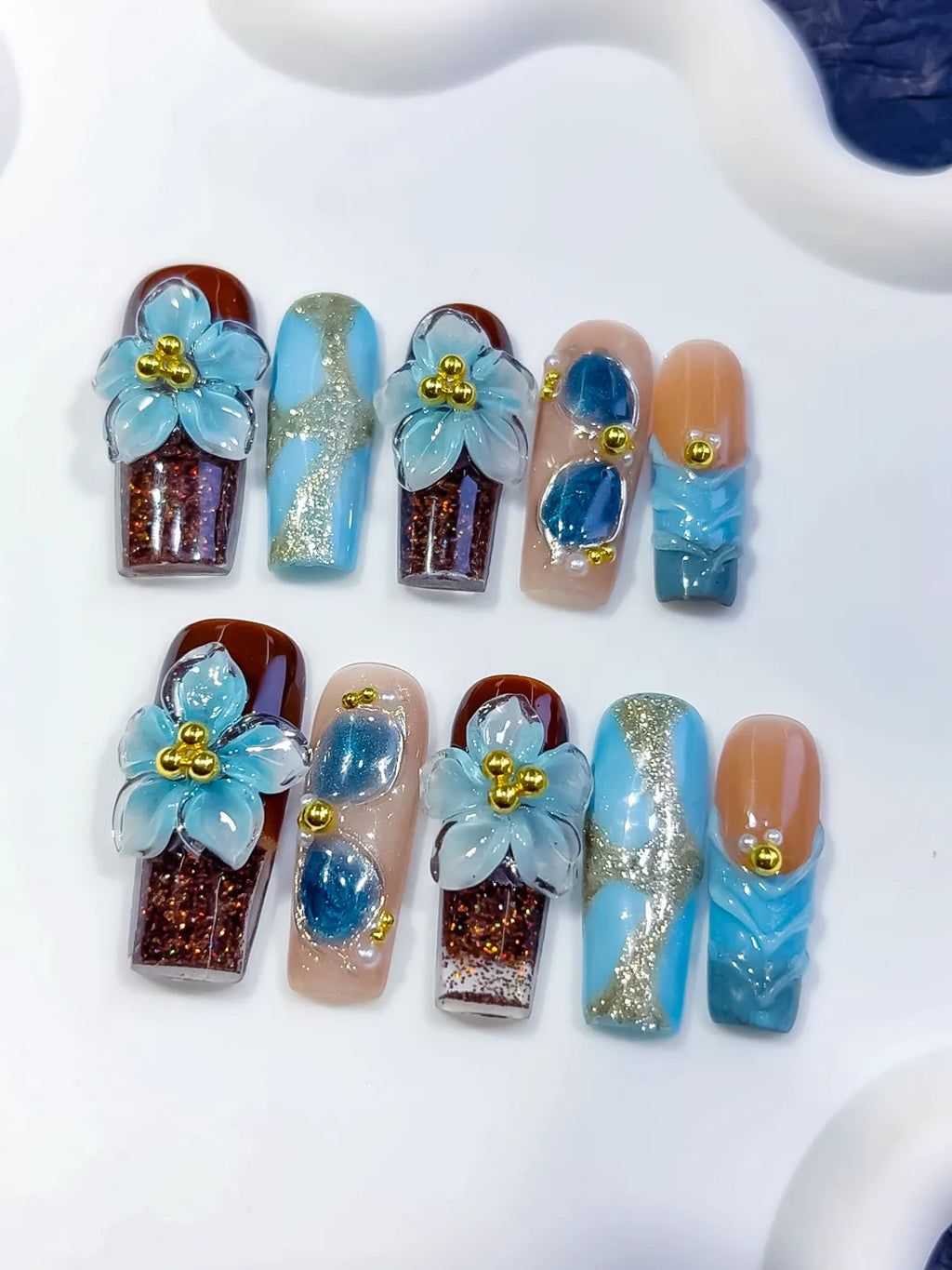 O007 - Long Brown Blue Square Abstract Flower Glitter