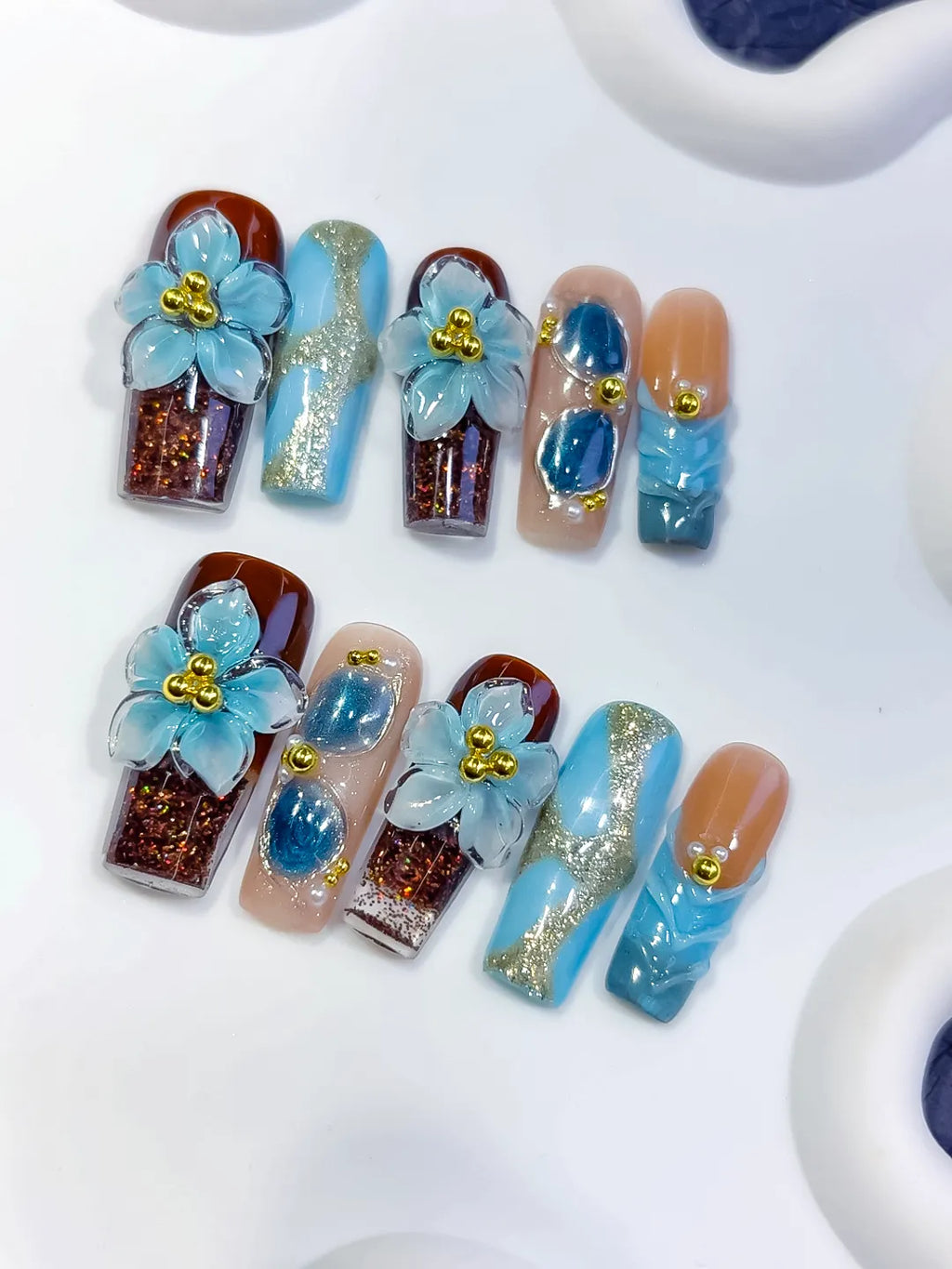O007 - Long Brown Blue Square Abstract Flower Glitter