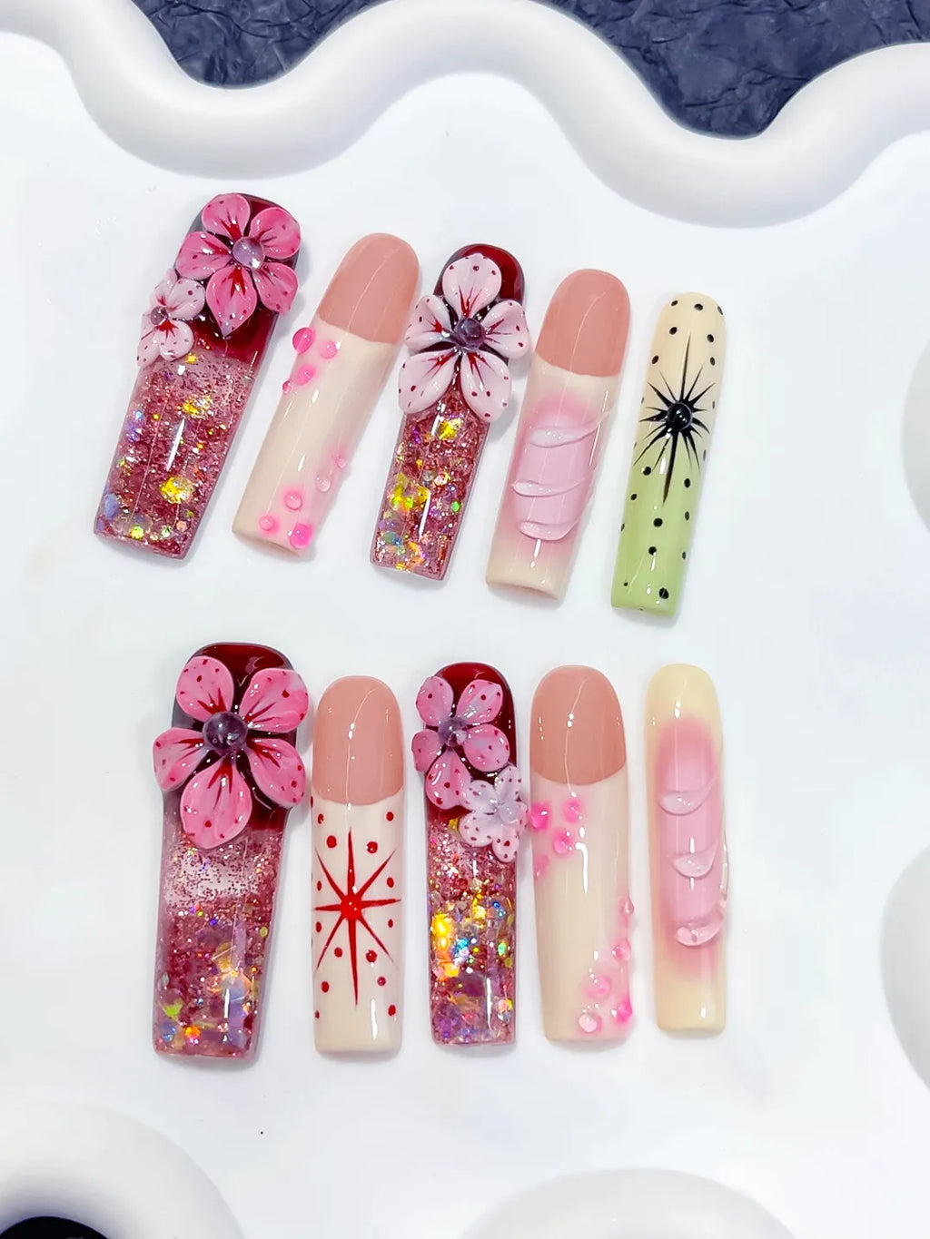 O010 - Long Pink Nude Square Abstract Flower Glitter