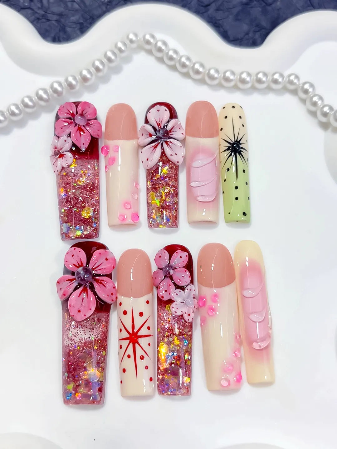 O010 - Long Pink Nude Square Abstract Flower Glitter