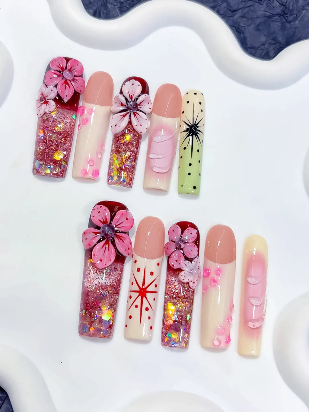 O010 - Long Pink Nude Square Abstract Flower Glitter