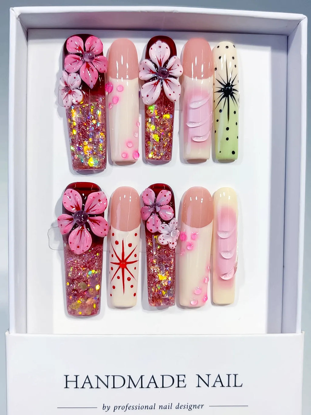 O010 - Long Pink Nude Square Abstract Flower Glitter