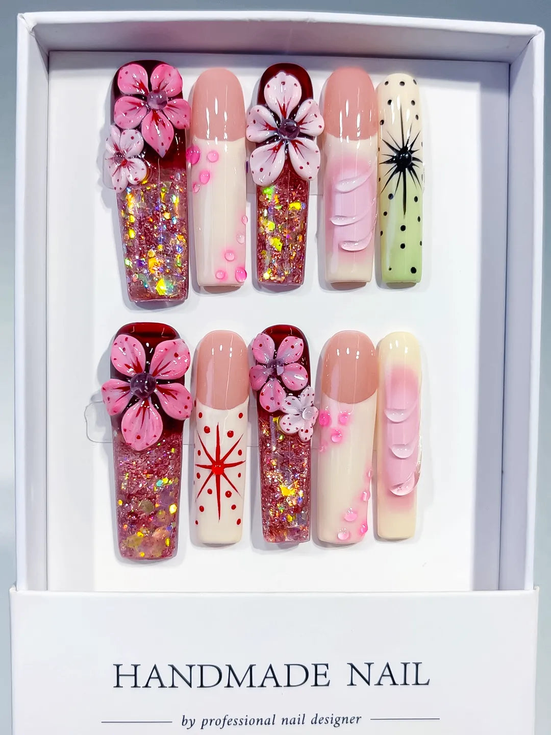 O010 - Long Pink Nude Square Abstract Flower Glitter