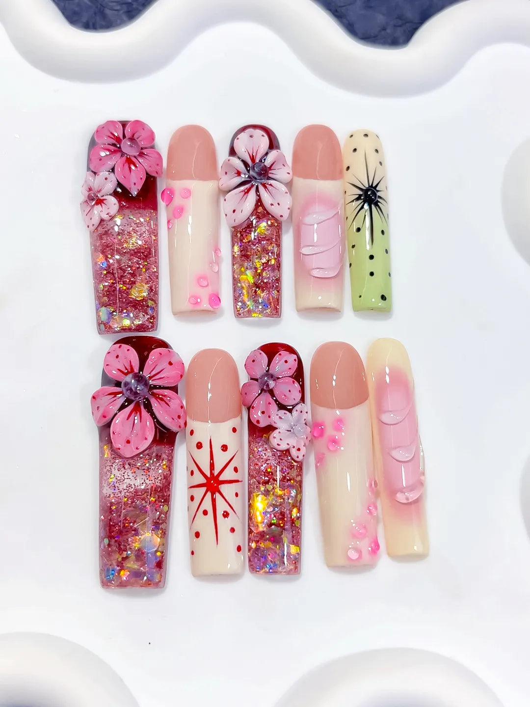 O010 - Long Pink Nude Square Abstract Flower Glitter