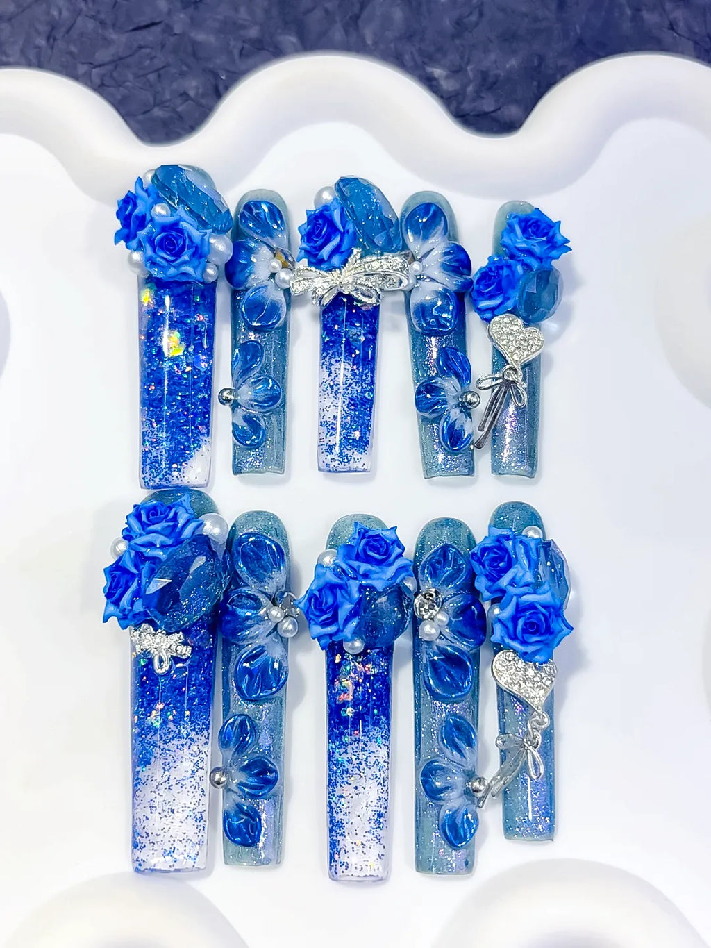 O013 - Long Blue Silver Square Glitter Rose Bow