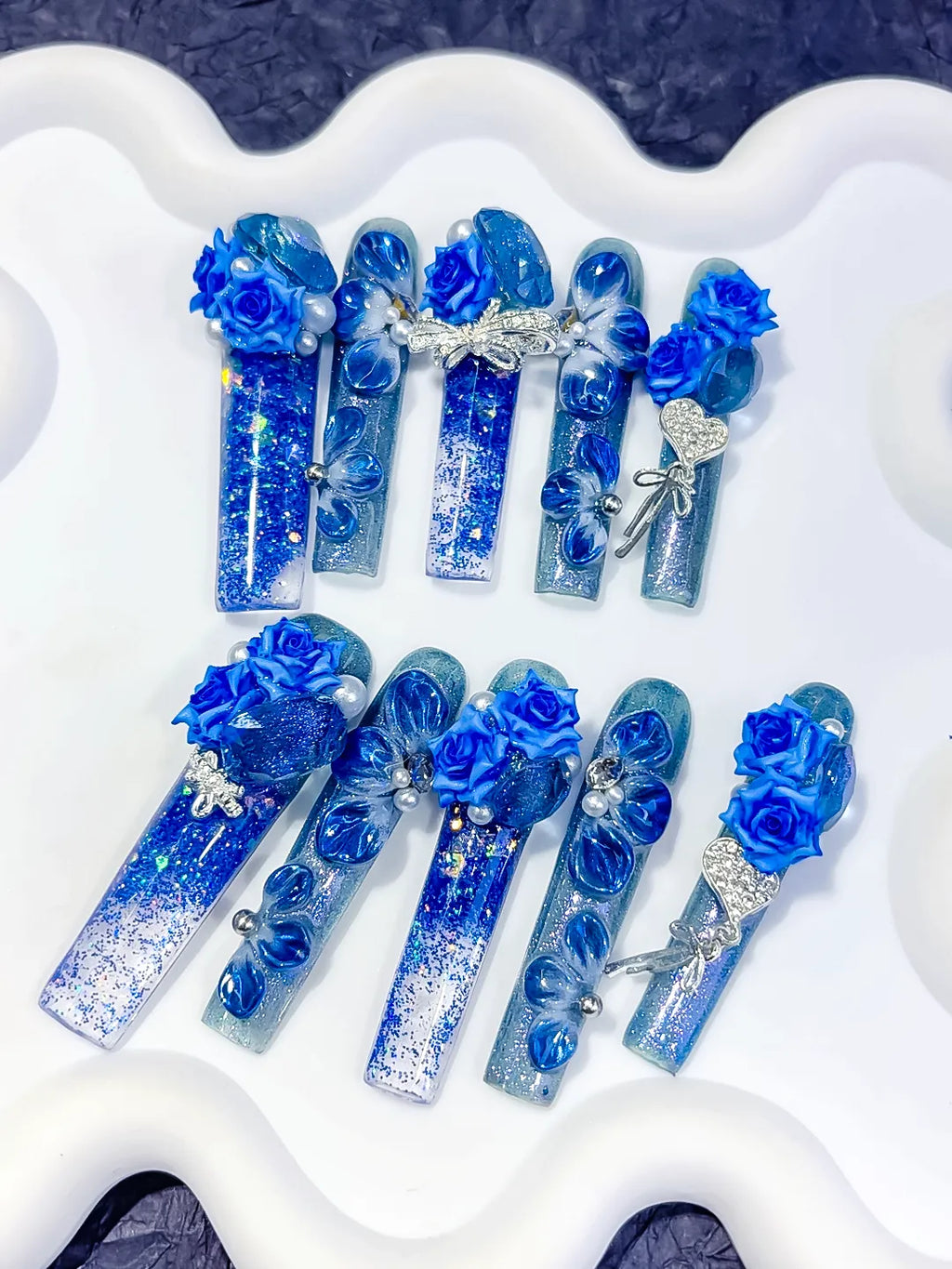 O013 - Long Blue Silver Square Glitter Rose Bow