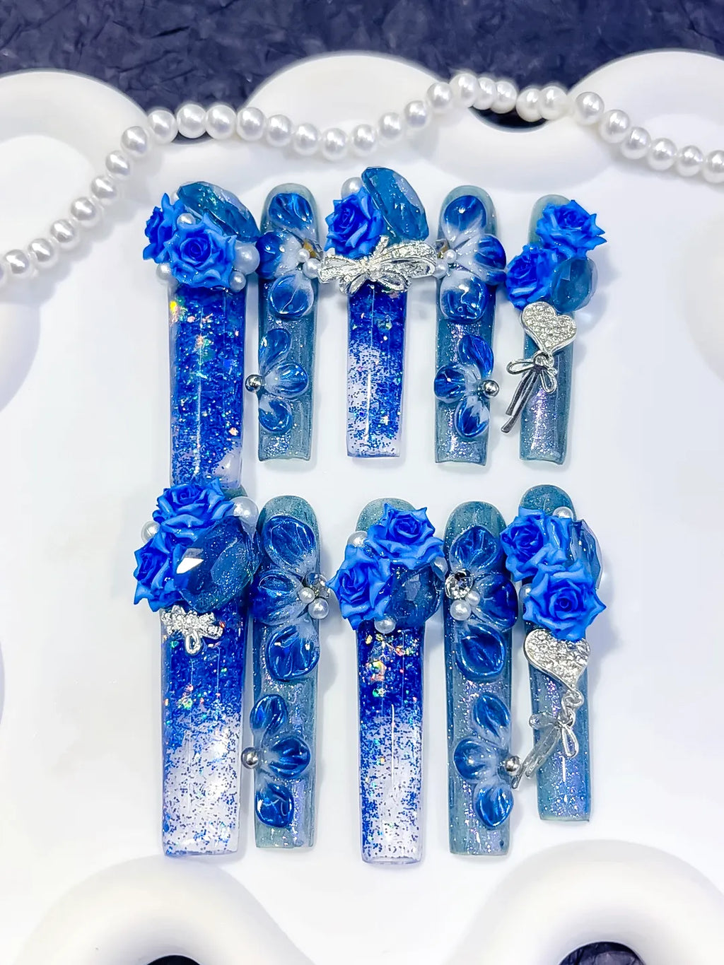 O013 - Long Blue Silver Square Glitter Rose Bow