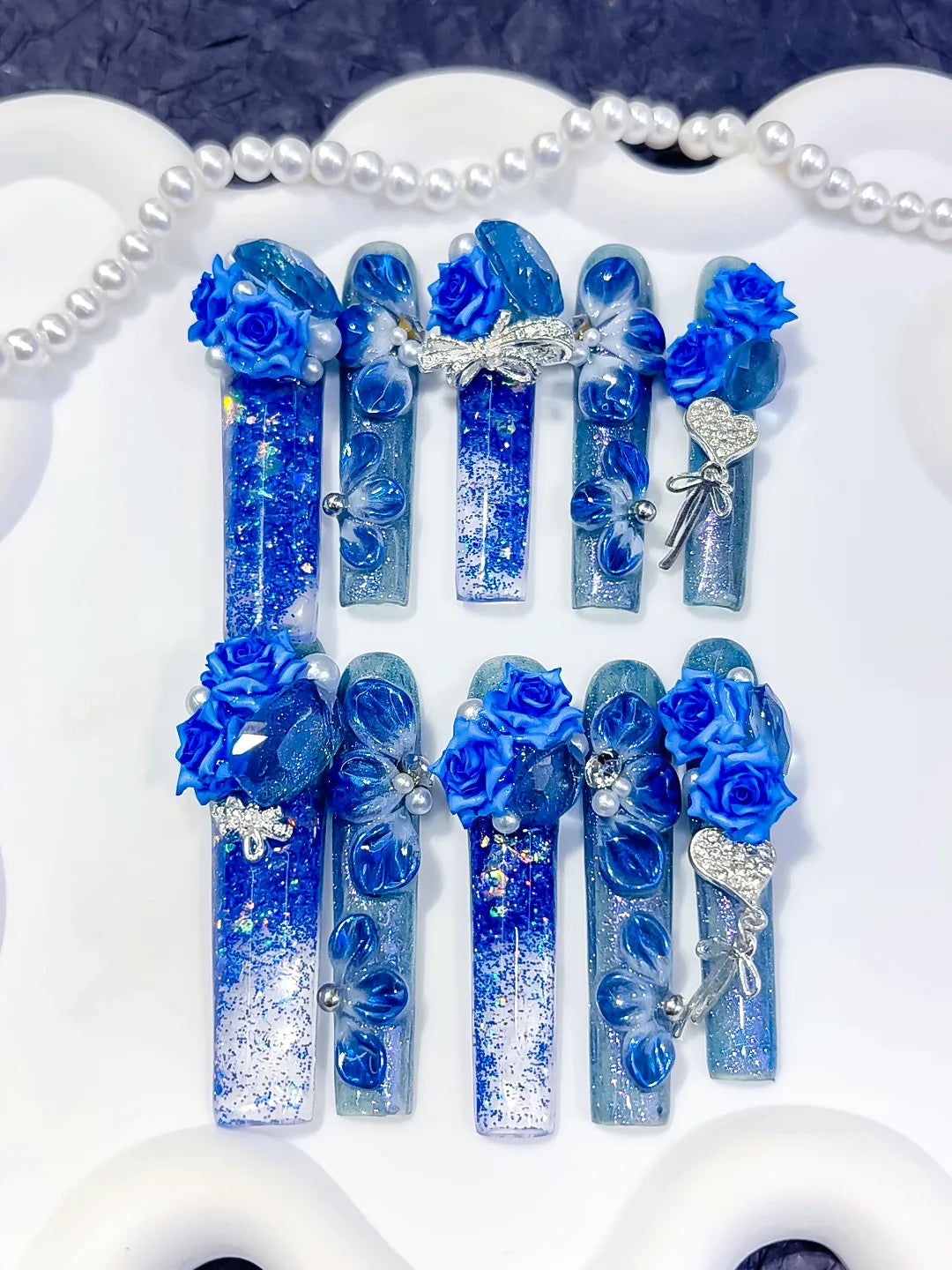 O013 - Long Blue Silver Square Glitter Rose Bow