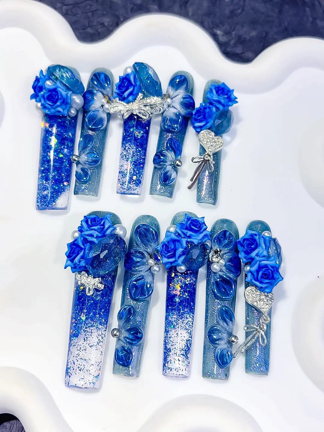 O013 - Long Blue Silver Square Glitter Rose Bow