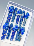 O013 - Long Blue Silver Square Glitter Rose Bow