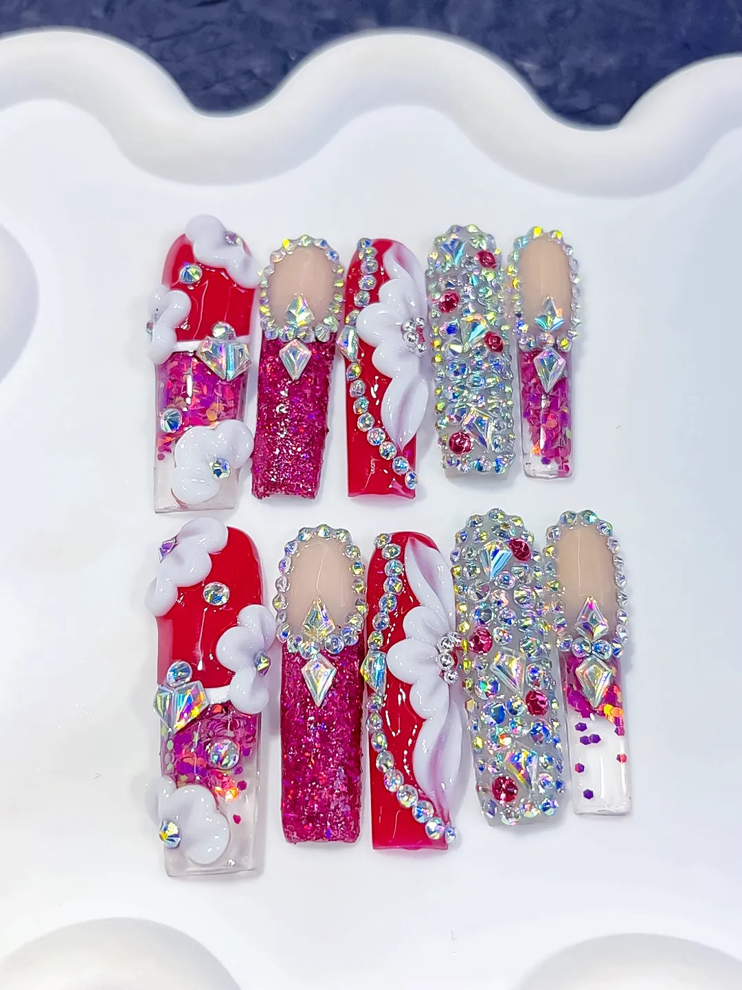 O014 - Long Red Pink Square Glitter Cloud Rhinestone