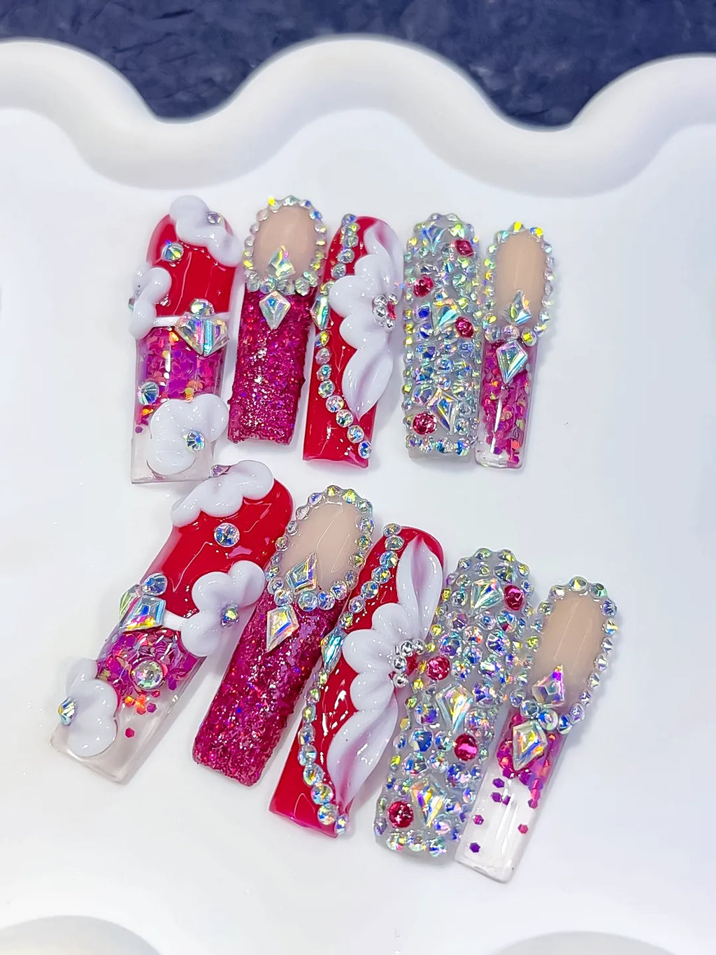 O014 - Long Red Pink Square Glitter Cloud Rhinestone