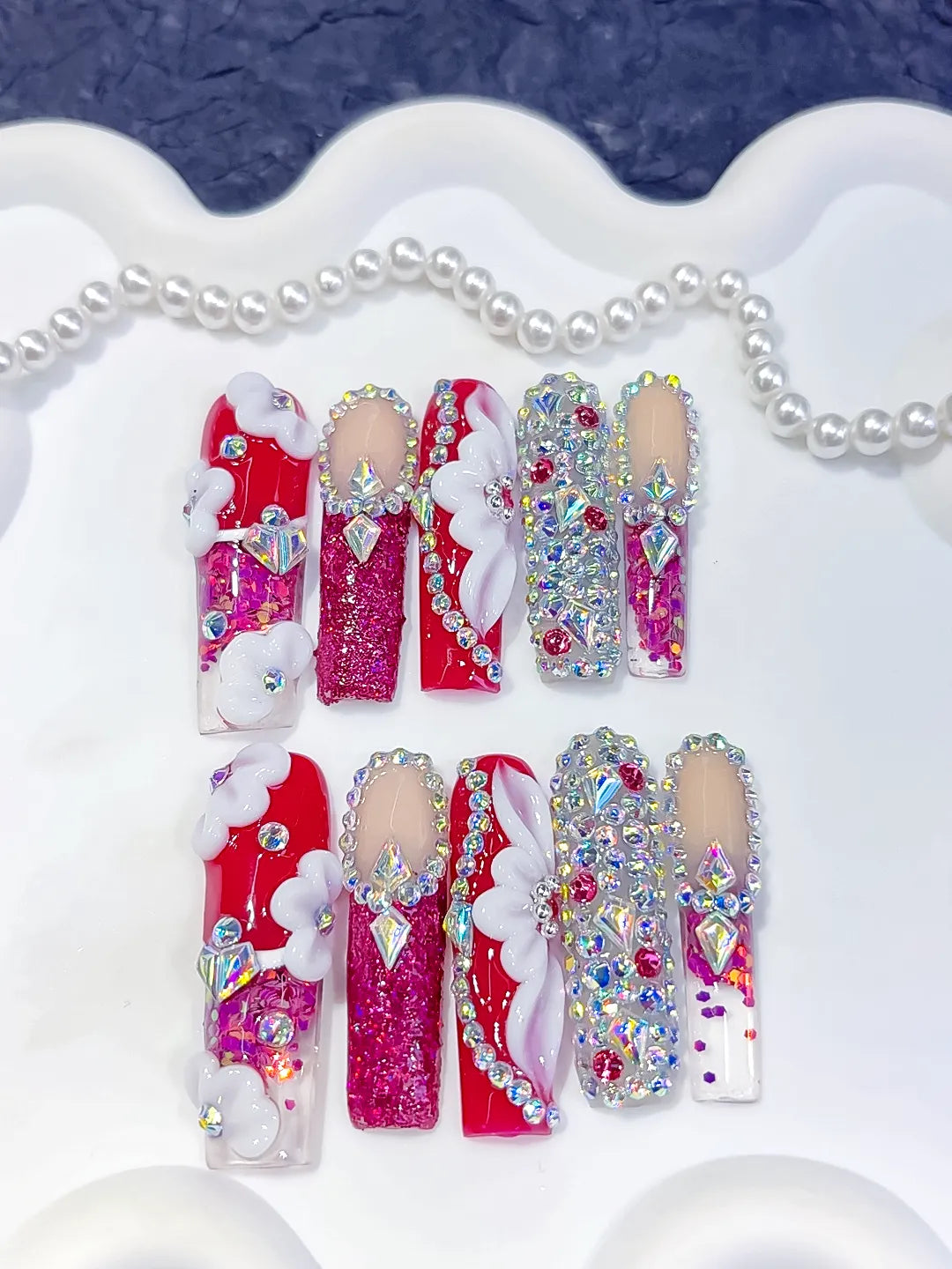 O014 - Long Red Pink Square Glitter Cloud Rhinestone
