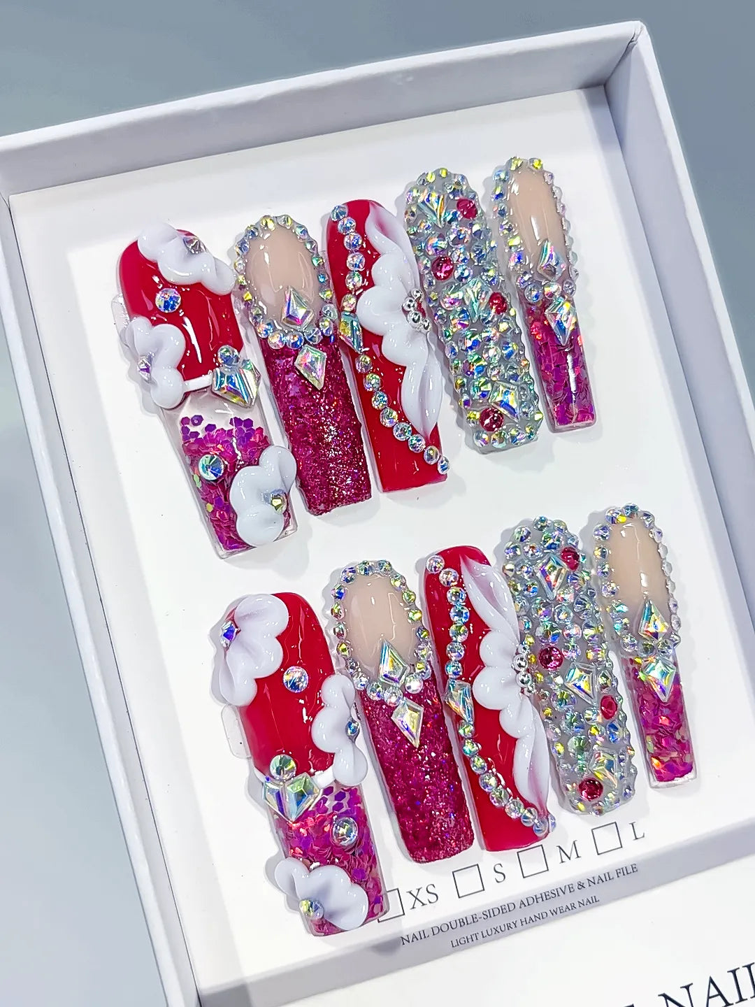 O014 - Long Red Pink Square Glitter Cloud Rhinestone