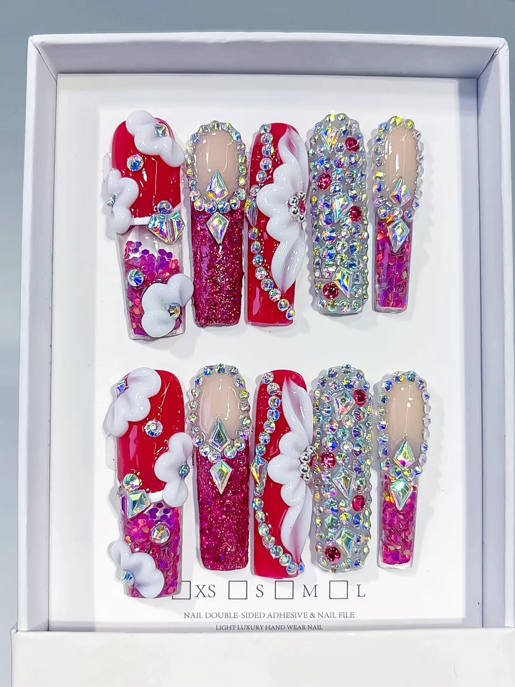 O014 - Long Red Pink Square Glitter Cloud Rhinestone
