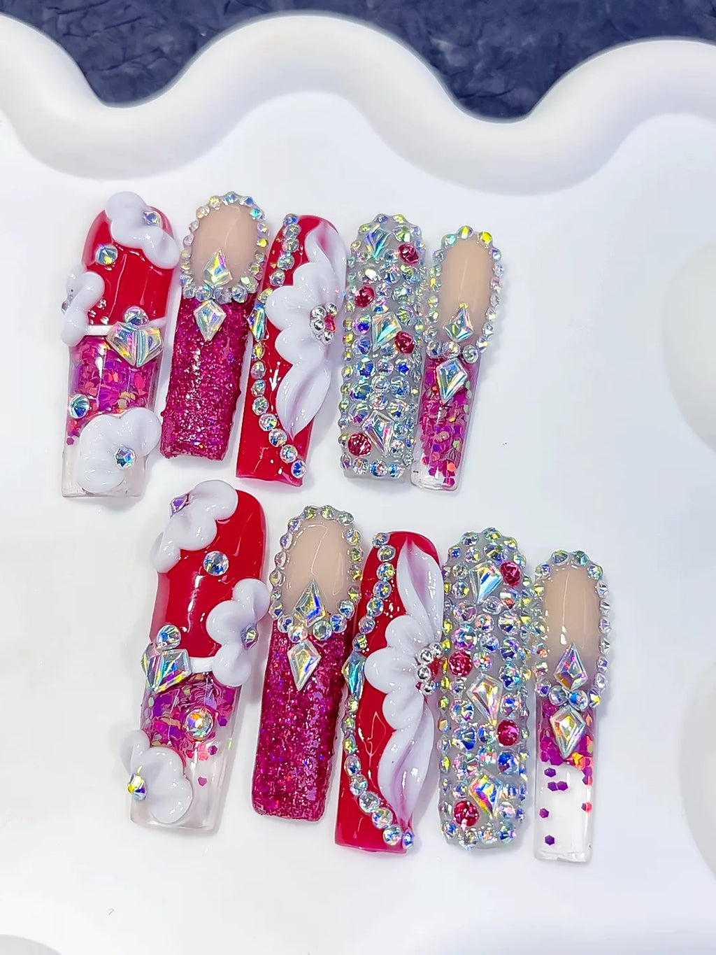 O014 - Long Red Pink Square Glitter Cloud Rhinestone
