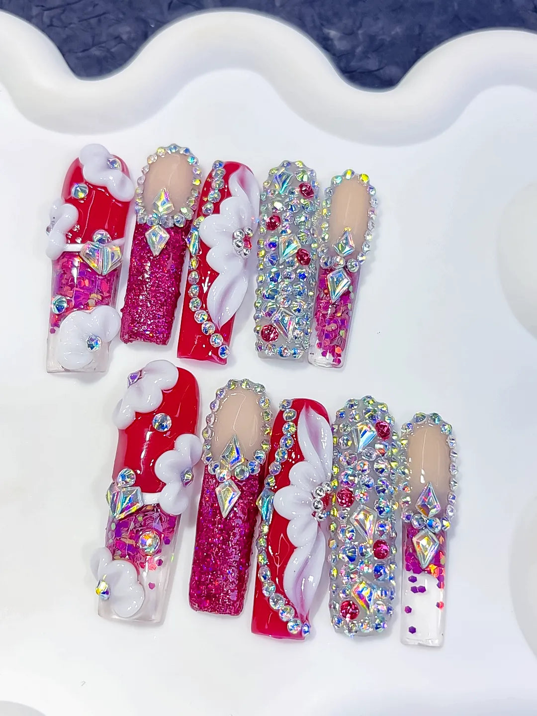 O014 - Long Red Pink Square Glitter Cloud Rhinestone