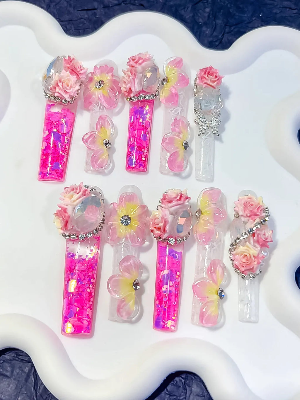 O015 - Long Pink White Square Glitter Flower Rose