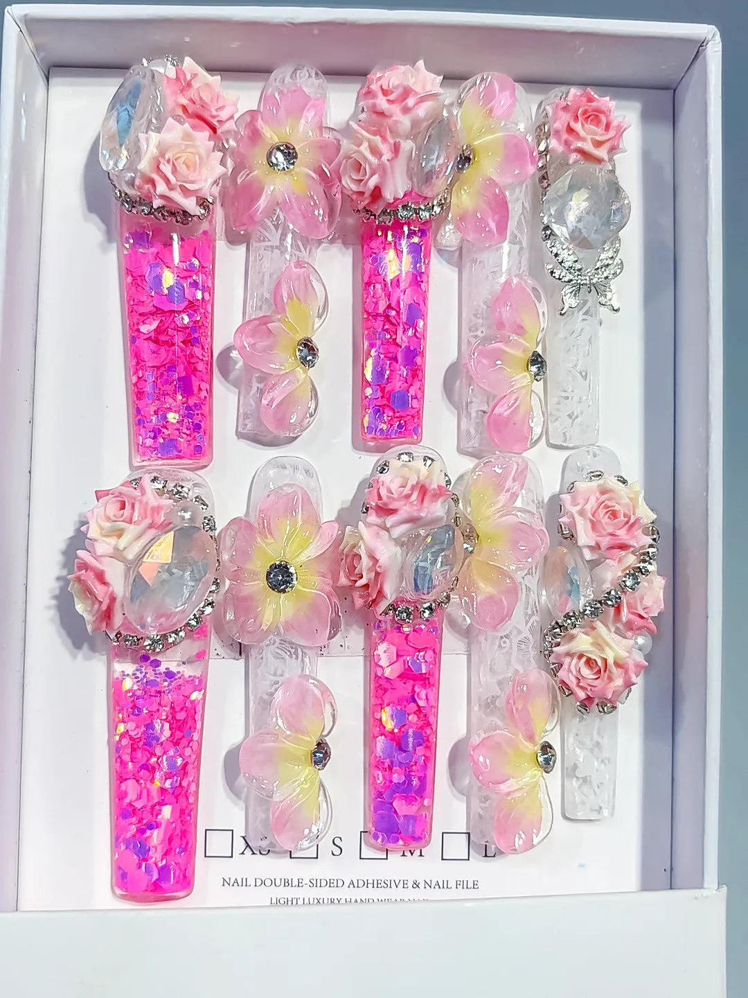 O015 - Long Pink White Square Glitter Flower Rose
