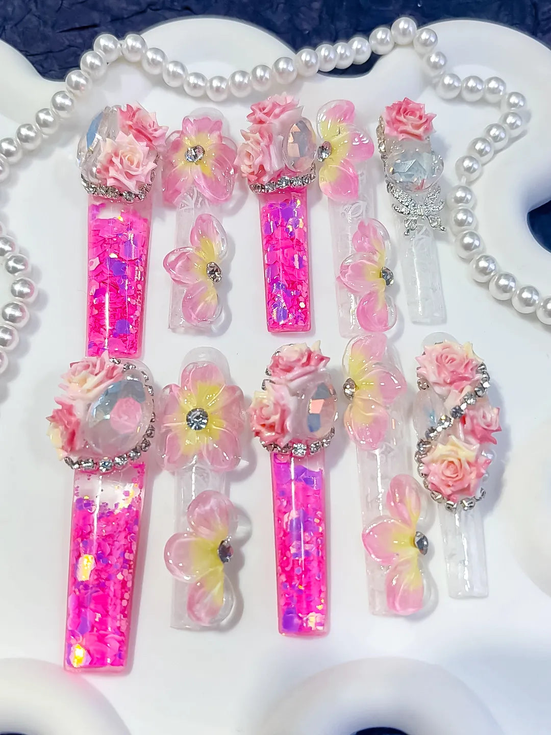 O015 - Long Pink White Square Glitter Flower Rose