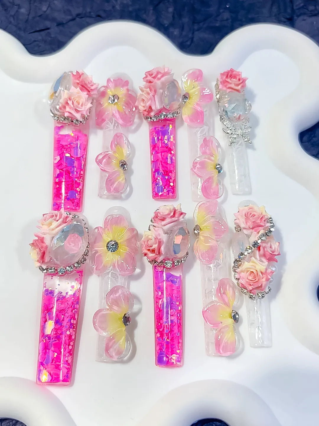 O015 - Long Pink White Square Glitter Flower Rose