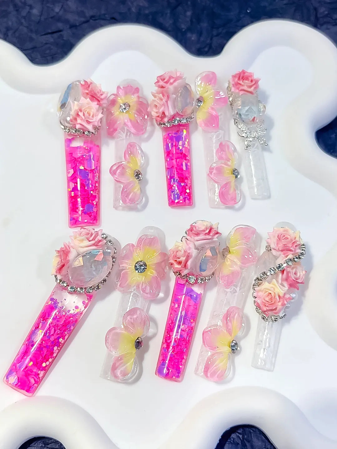 O015 - Long Pink White Square Glitter Flower Rose