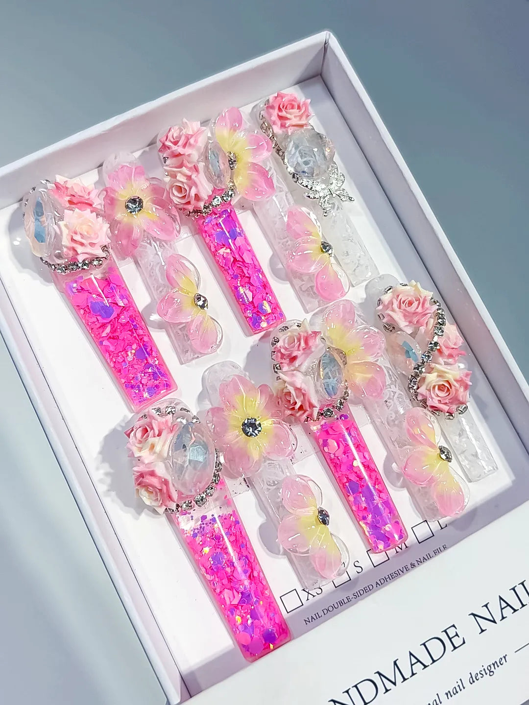 O015 - Long Pink White Square Glitter Flower Rose