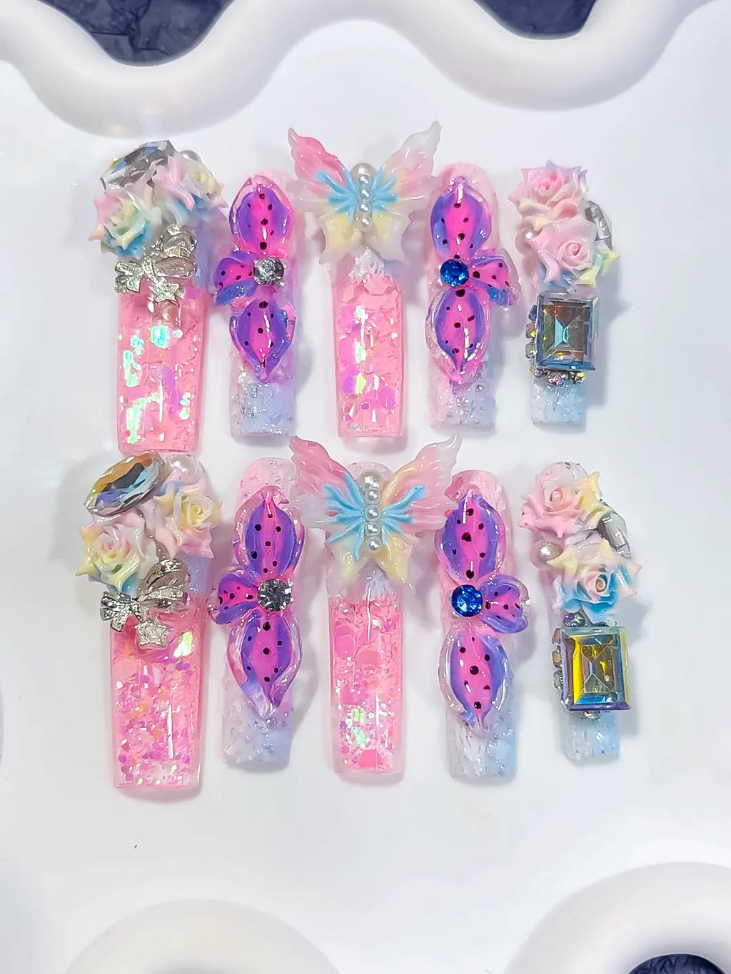 O016 - Long Pink Purple Square Glitter Butterfly Flower