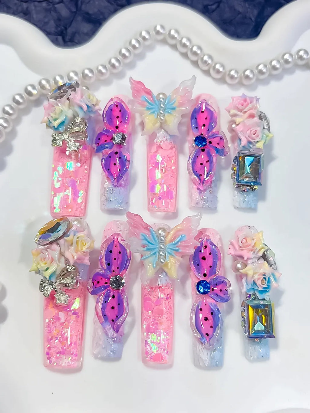 O016 - Long Pink Purple Square Glitter Butterfly Flower