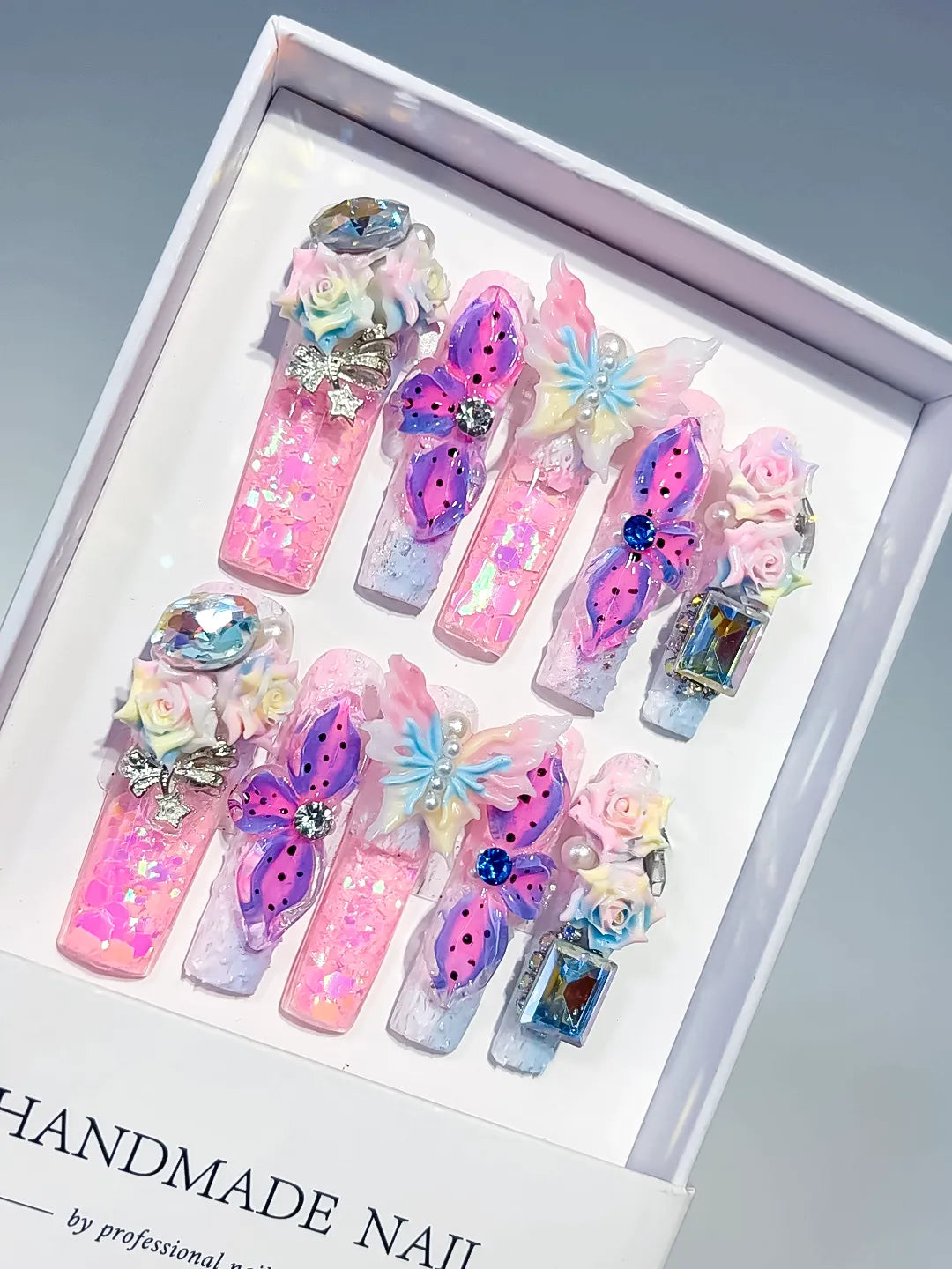 O016 - Long Pink Purple Square Glitter Butterfly Flower