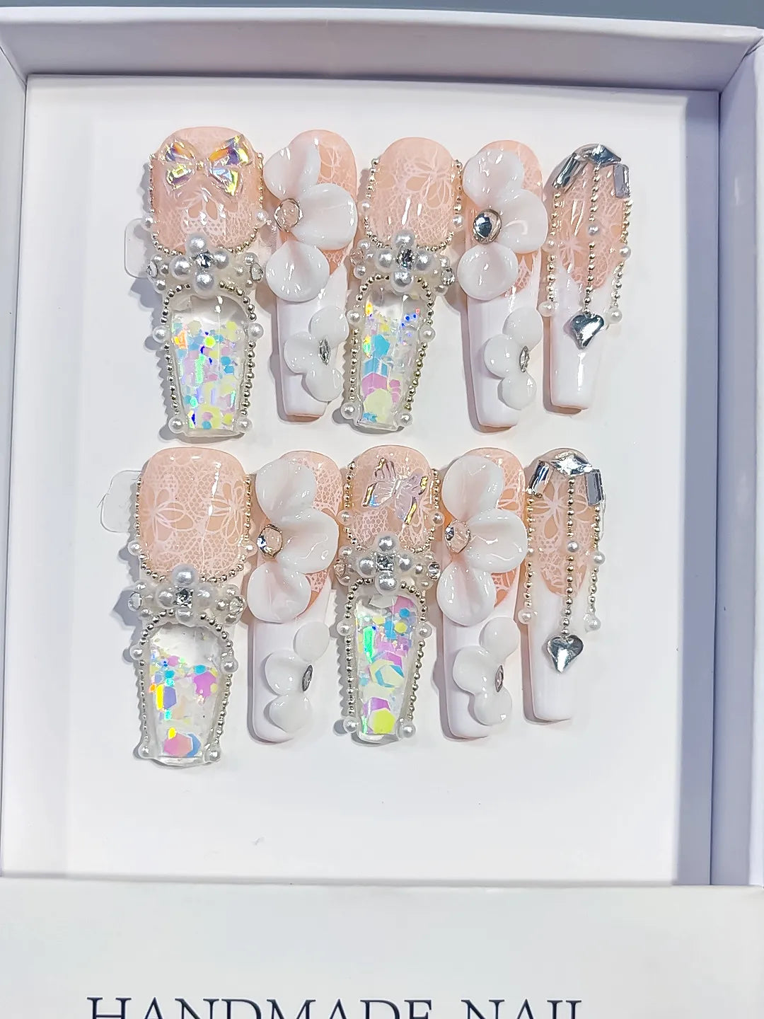 O017 - Long Nude White Coffin Solid color Bow Flower